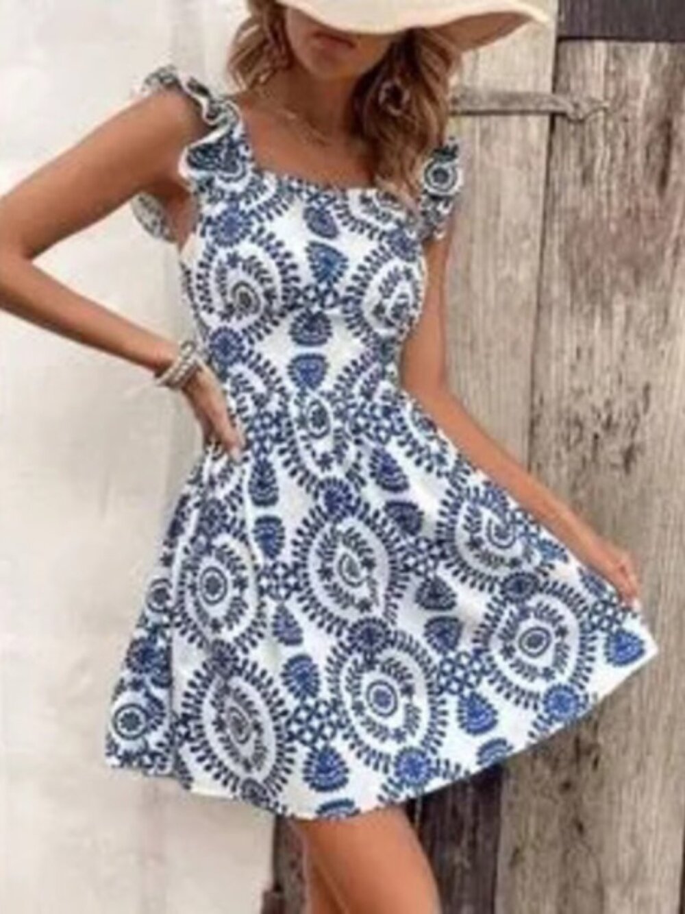 NEW Boho Floral Lace Print Tie Back Ruffle Mini Dress White Blue
